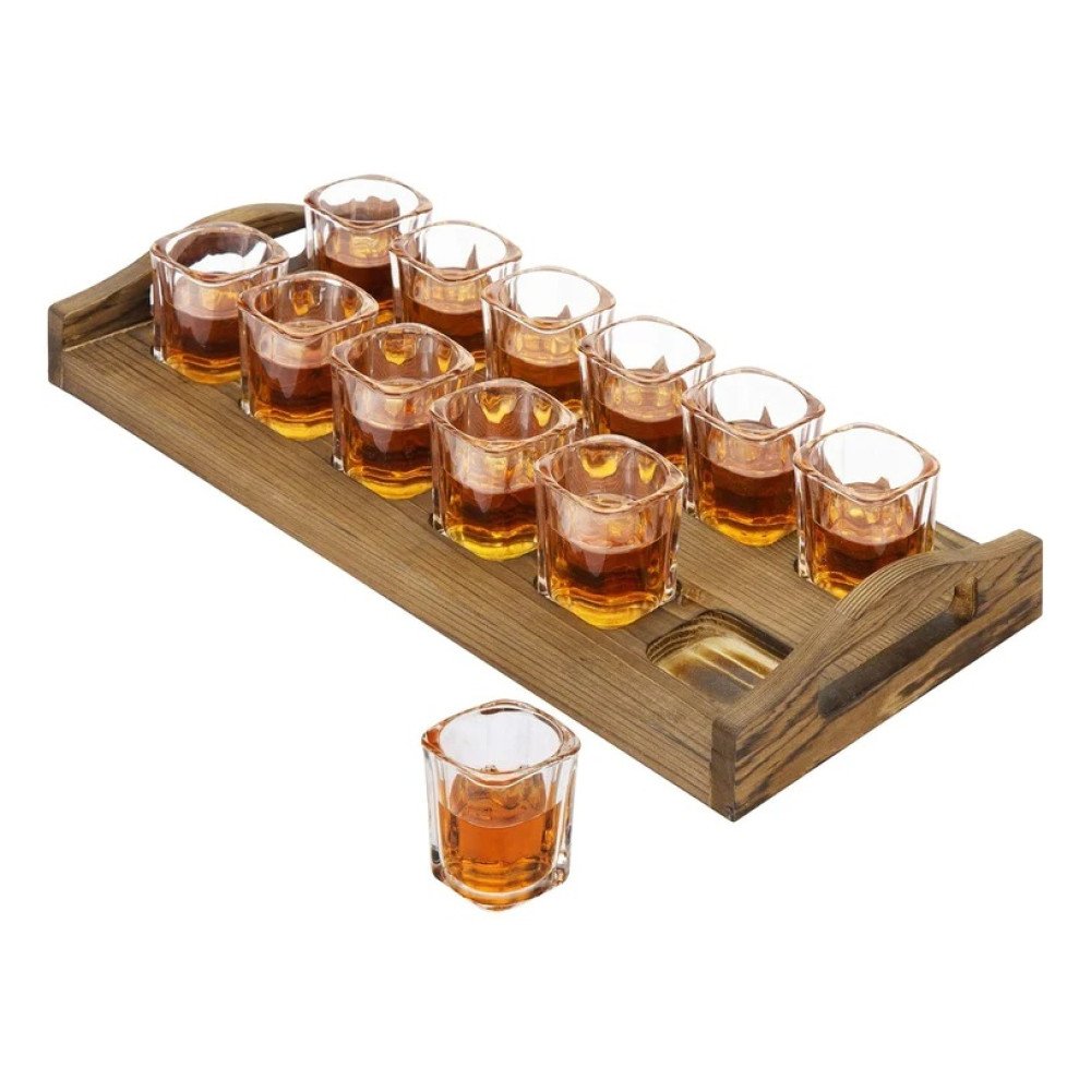Burn Wood Serving Tray with shorts glasses