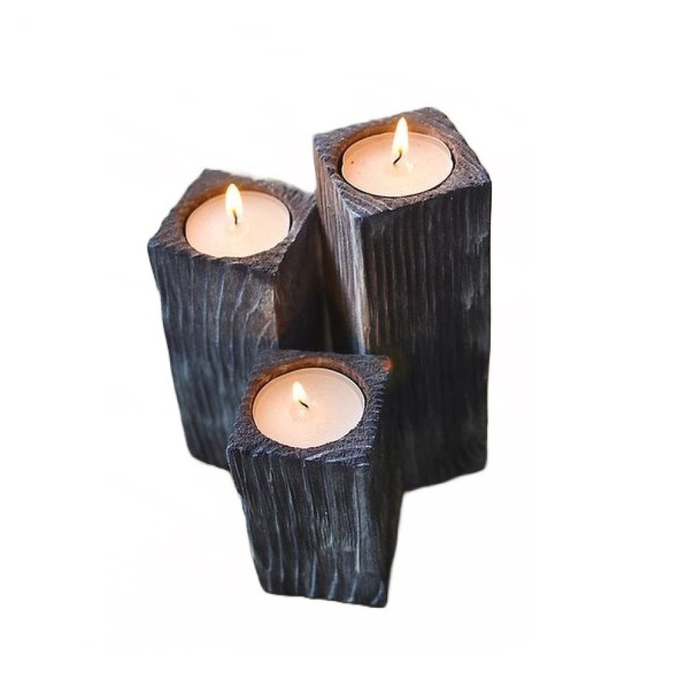 Burned Wooden Candle holder with Candle 